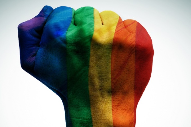 raised fist patterned with the rainbow flag, symbolizing the fig